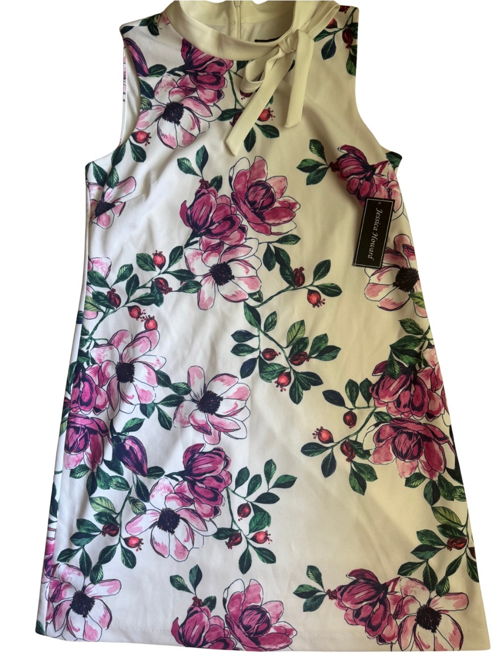 Jessica Howard Cream Floral A-Line Dress with Pink Blooms and Green Leaves